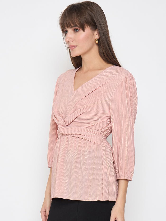 Madame Pliss Self Design Front Knot Peach Top