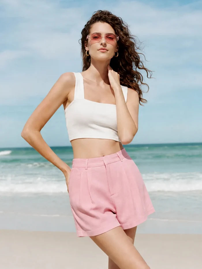 Madame Powder Pink Rayon Linen Pleated Shorts