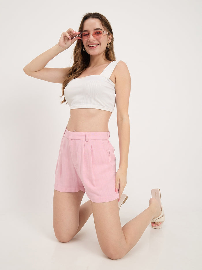 Madame Powder Pink Rayon Linen Pleated Shorts