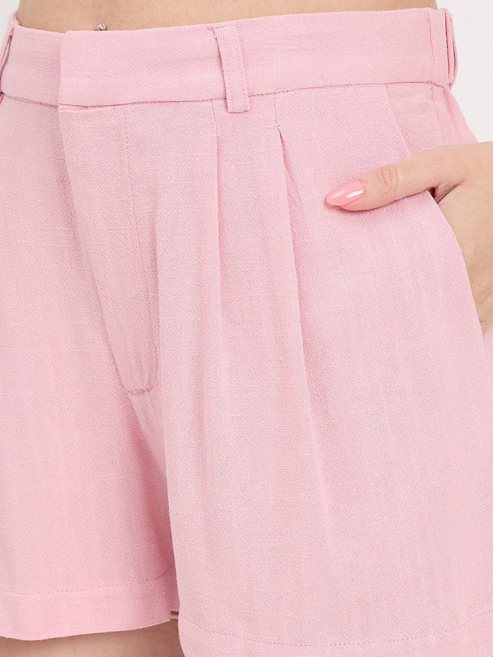 Madame Powder Pink Rayon Linen Pleated Shorts