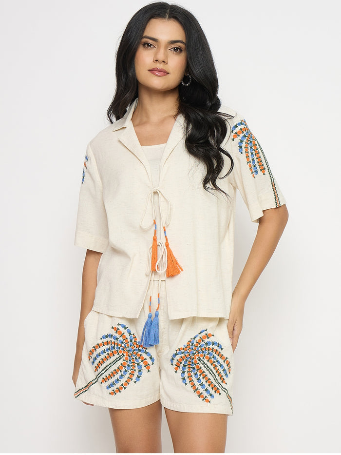 Madame Printed Beige Cotton Blend Co-ord Set