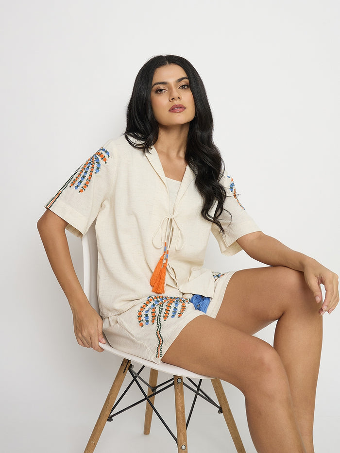 Madame Printed Beige Cotton Blend Co-ord Set