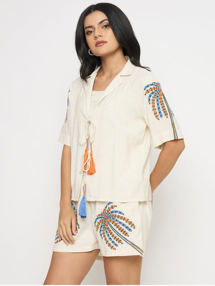 Madame Printed Beige Cotton Blend Co-ord Set
