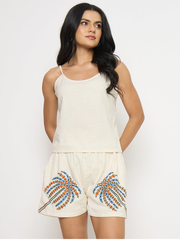 Madame Printed Beige Cotton Blend Co-ord Set