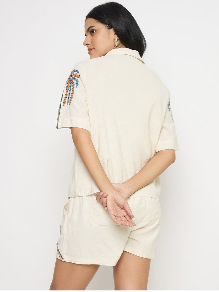 Madame Printed Beige Cotton Blend Co-ord Set