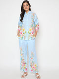 Madame Printed Shirt and Trousers Blue Cotton Co-ord Set