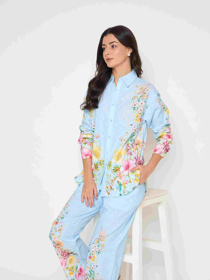 Madame Printed Shirt and Trousers Blue Cotton Co-ord Set