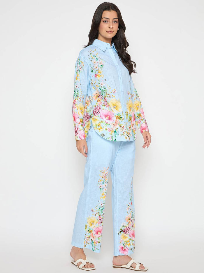 Madame Printed Shirt and Trousers Blue Cotton Co-ord Set