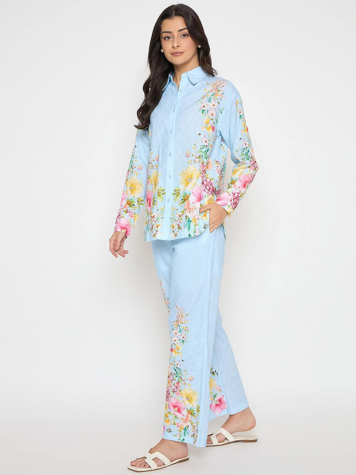 Madame Printed Shirt and Trousers Blue Cotton Co-ord Set