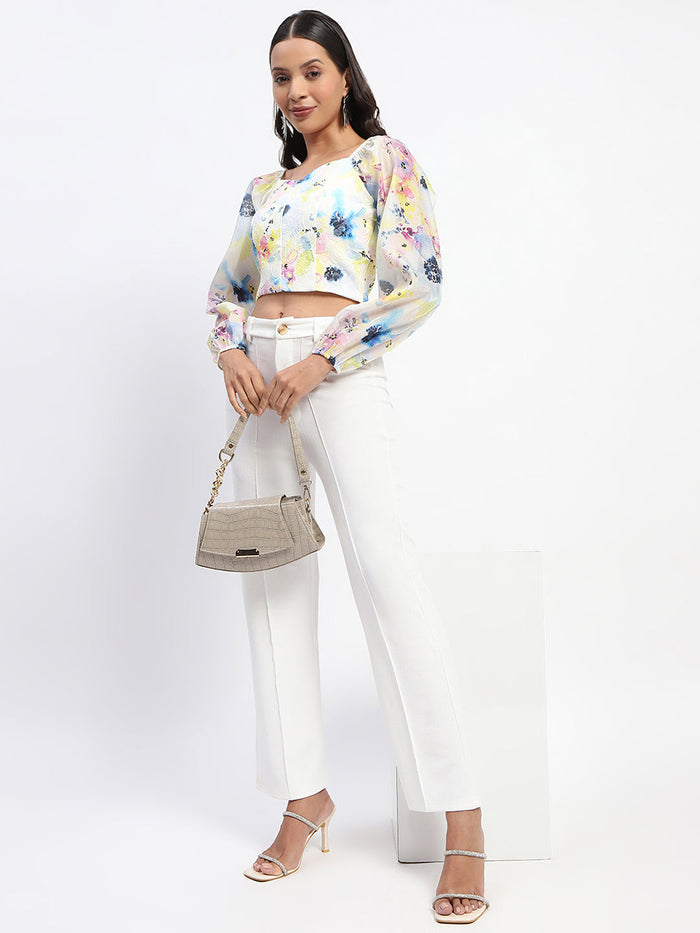 Madame Queen Anne Neckline Floral Print Puff Sleeve White Crop Top