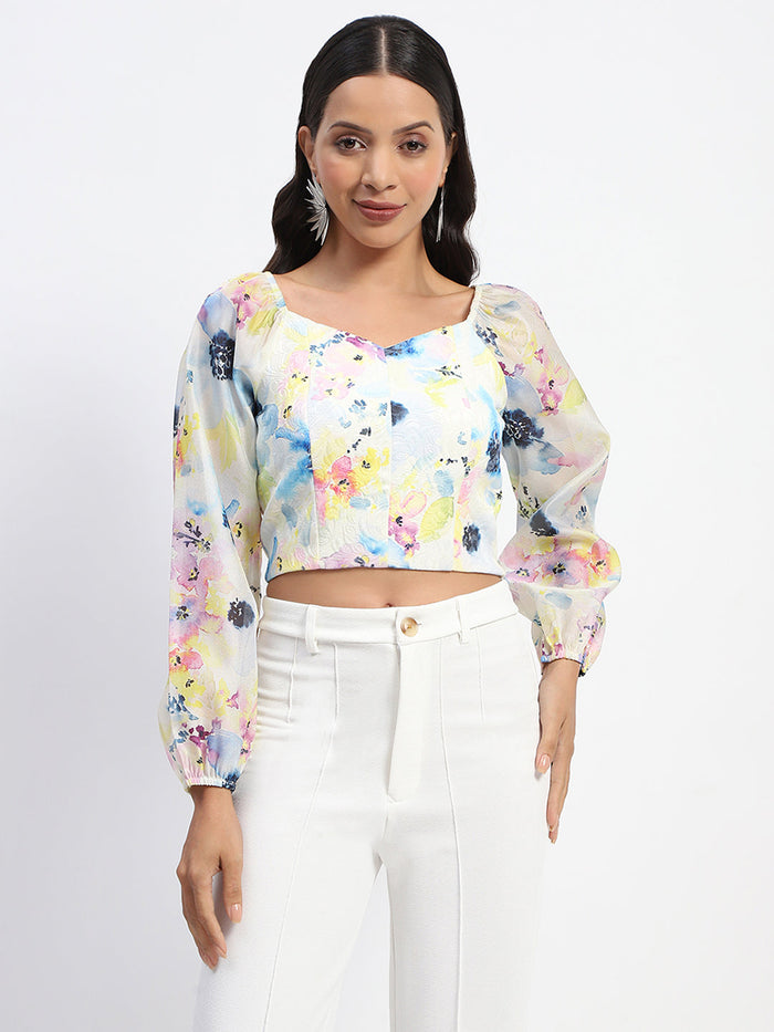 Madame Queen Anne Neckline Floral Print Puff Sleeve White Crop Top