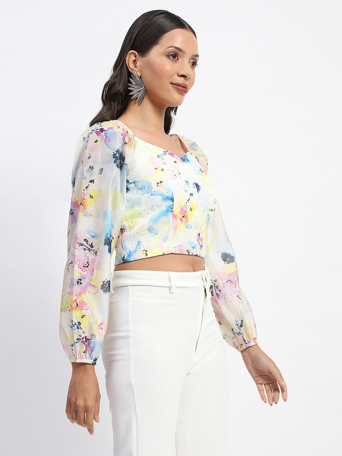 Madame Queen Anne Neckline Floral Print Puff Sleeve White Crop Top