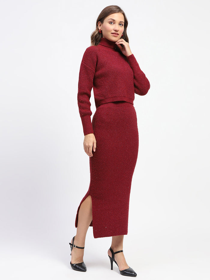Madame Red Shimmery Turtleneck Top and Skirt Co-ord Set