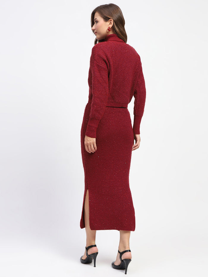 Madame Red Shimmery Turtleneck Top and Skirt Co-ord Set