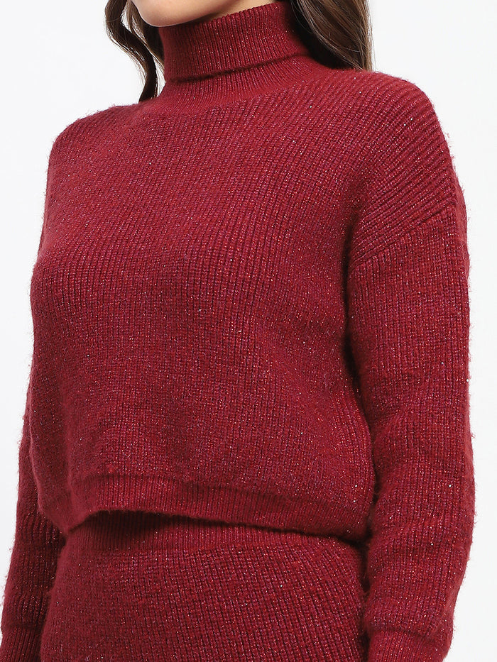 Madame Red Shimmery Turtleneck Top and Skirt Co-ord Set