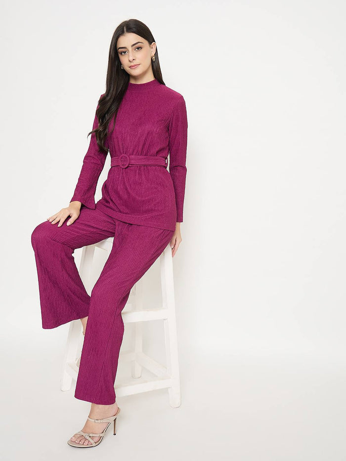 Madame Ribbed Belted Top and Bottom Plum Co-Ord Set