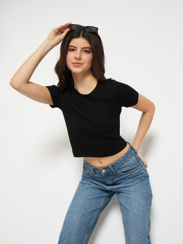 Madame Ribbed Sold Black Knitted Crop Top