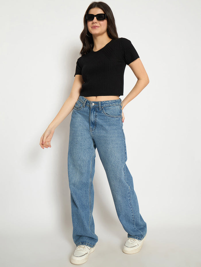 Madame Ribbed Sold Black Knitted Crop Top
