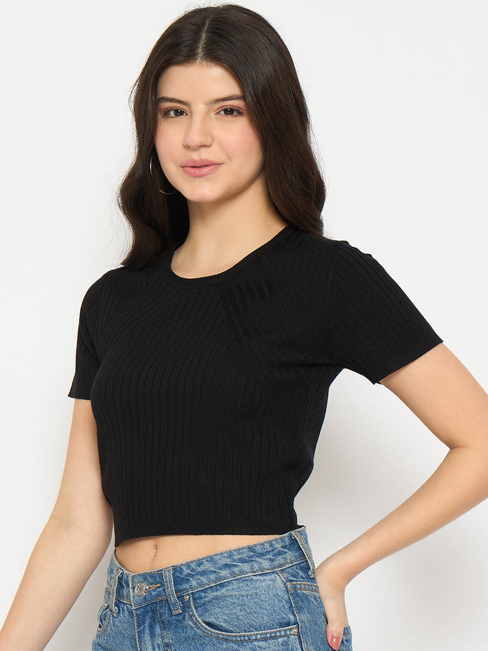 Madame Ribbed Sold Black Knitted Crop Top