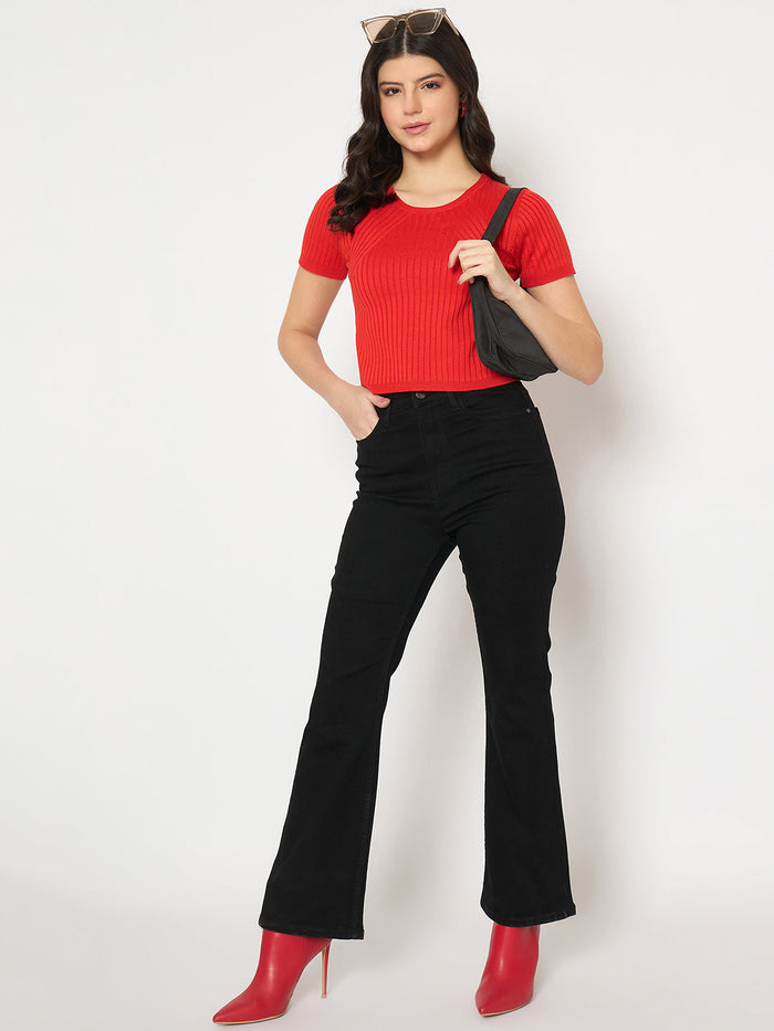 Madame Ribbed Sold Red Knitted Crop Top