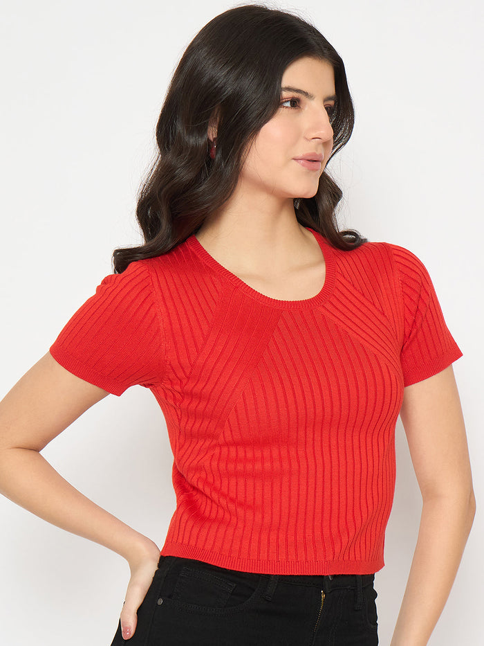 Madame Ribbed Sold Red Knitted Crop Top