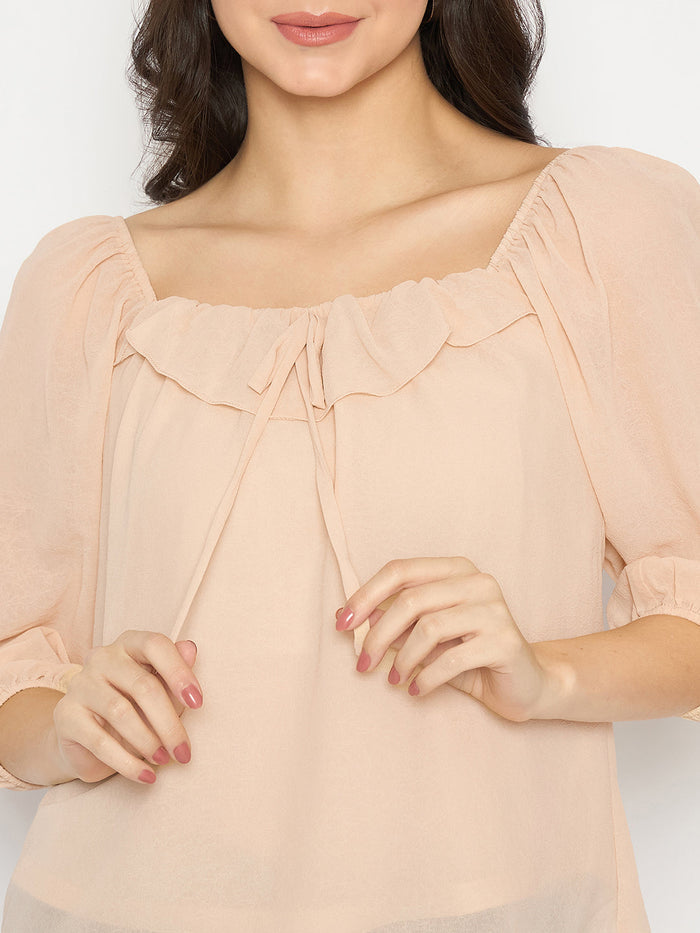 Madame Ruffle Detailed Square Neck Beige Top