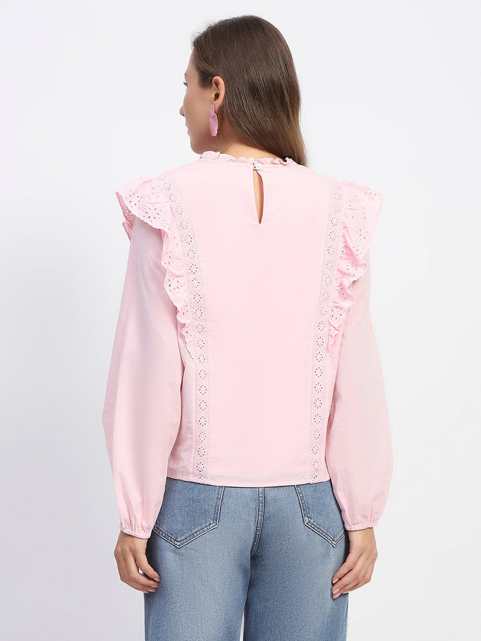 Madame Schilffli Adorned Ruffle Neck Pink Cotton Top