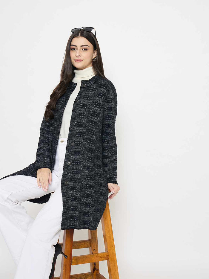 Madame Self Design Black Cardigan worn by a model, featuring a soft blend for warmth and subtle texture.