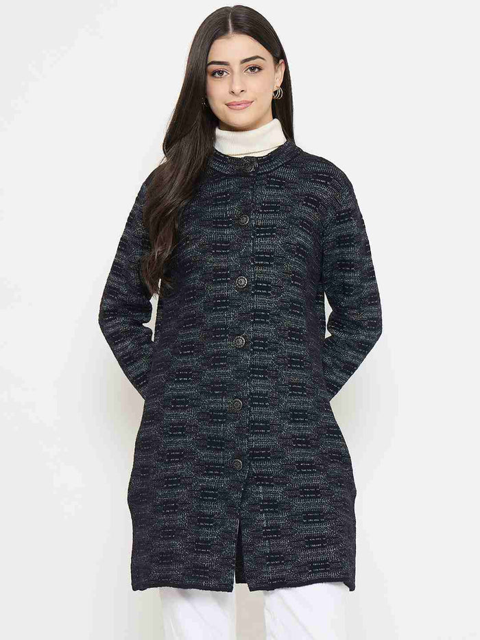 Madame Self Design Black Cardigan worn by a model, featuring a cozy texture and button details.