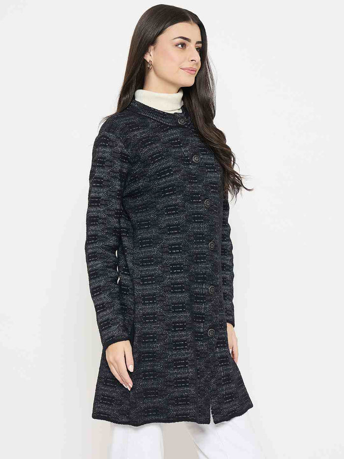 Madame Self Design Black Cardigan displayed on a model, showcasing its soft texture and stylish buttons.