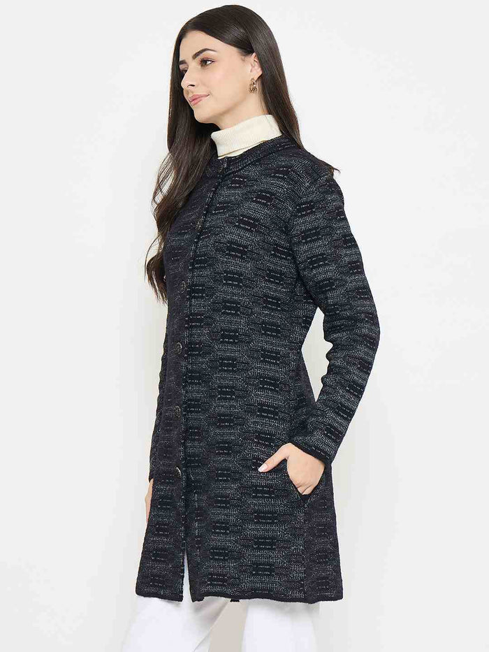 Madame Self Design Black Cardigan worn by a model, featuring a soft blend and subtle texture, ideal for layering.