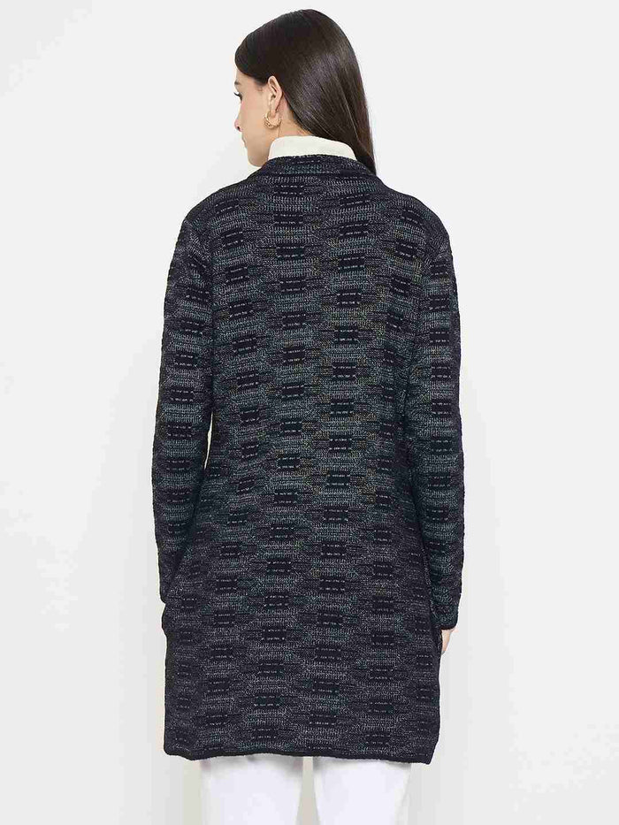 Back view of Madame Self Design Black Cardigan showcasing its unique texture and cozy fit.