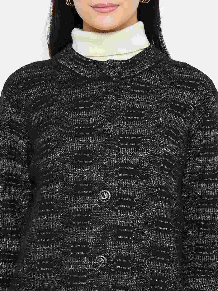 Madame Self Design Black Cardigan featuring a soft blend, textured design, and button details.