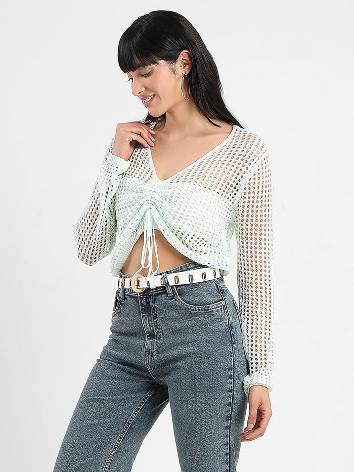 Madame Semi Sheer Drawstring Mint Green Knitted Crop Top