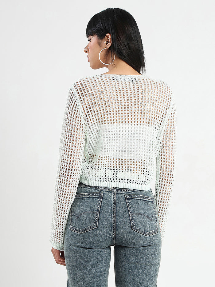 Madame Semi Sheer Drawstring Mint Green Knitted Crop Top