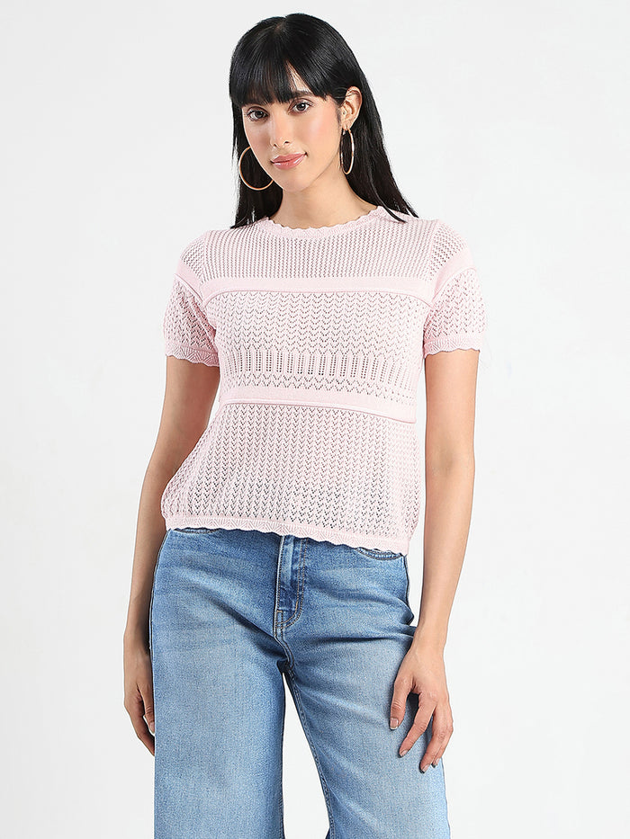 Madame Semi Sheer Knitted Cotton Blend Pink Top