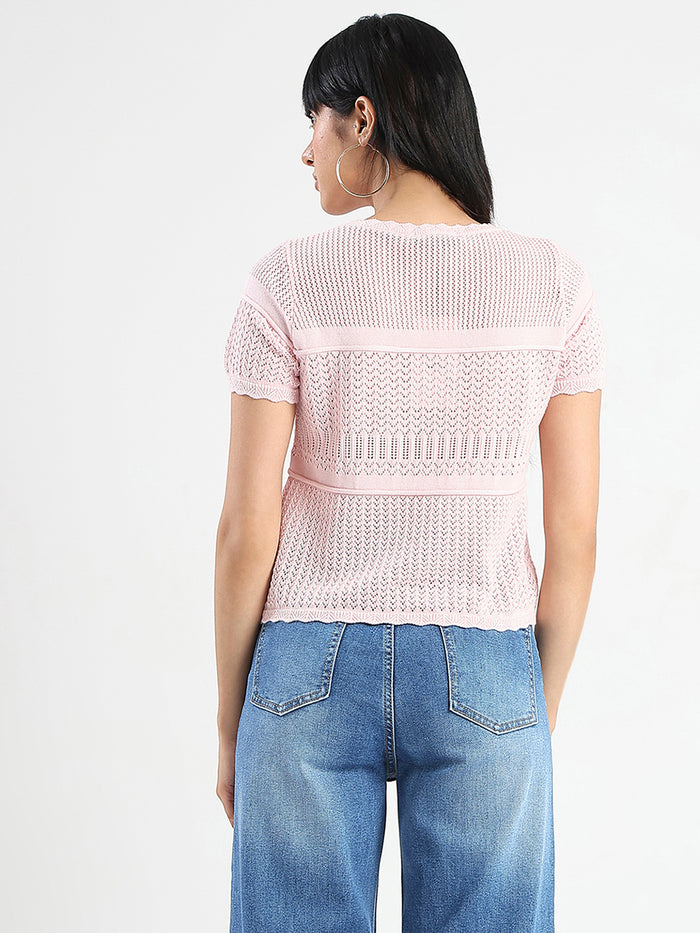 Madame Semi Sheer Knitted Cotton Blend Pink Top
