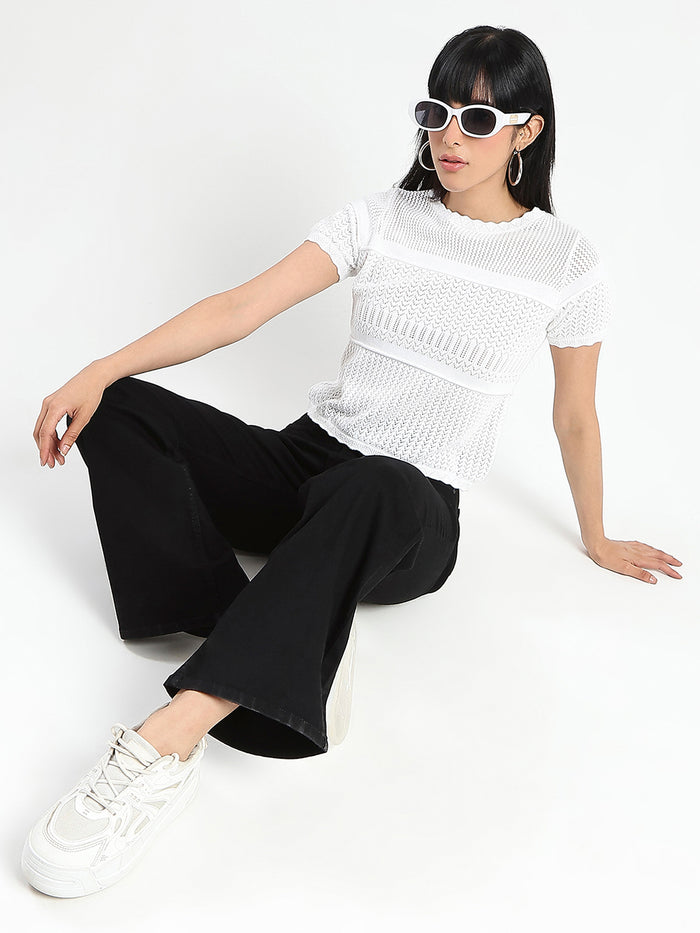 Madame Semi Sheer Knitted Cotton Blend White Top