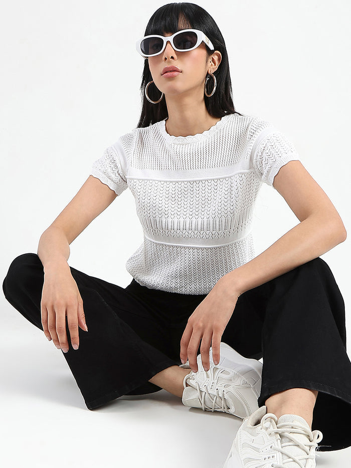 Madame Semi Sheer Knitted Cotton Blend White Top