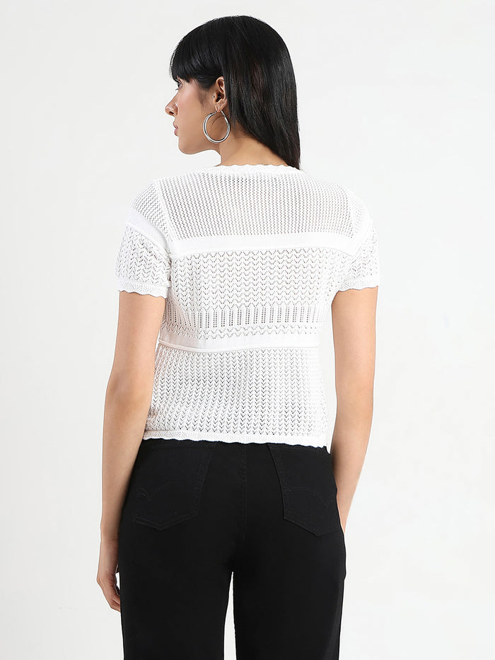 Madame Semi Sheer Knitted Cotton Blend White Top