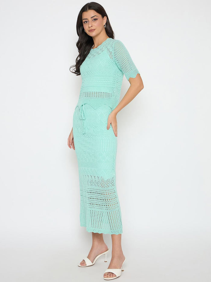 Madame Semi Sheer Top and Skirt Powder Blue Knitted Co-ord Set