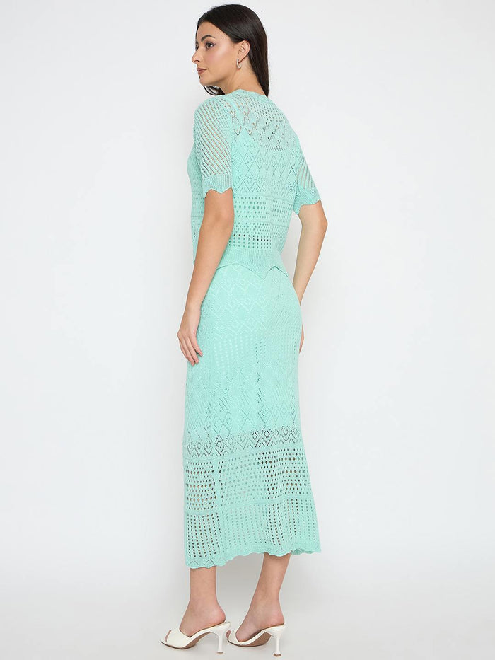 Madame Semi Sheer Top and Skirt Powder Blue Knitted Co-ord Set