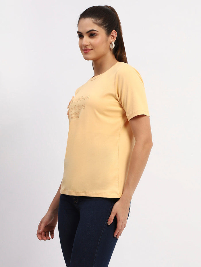 Madame Sinker Handworked Graphic Print Round Neck Light Orange Top