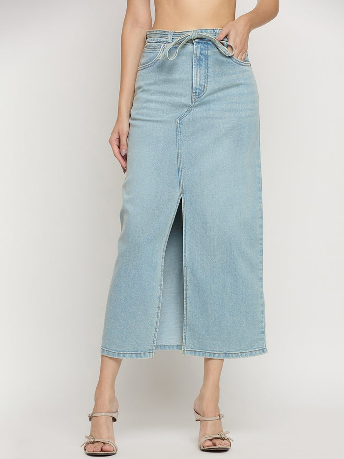 Madame Sky Blue Cotton Double Wash Pencil Skirt