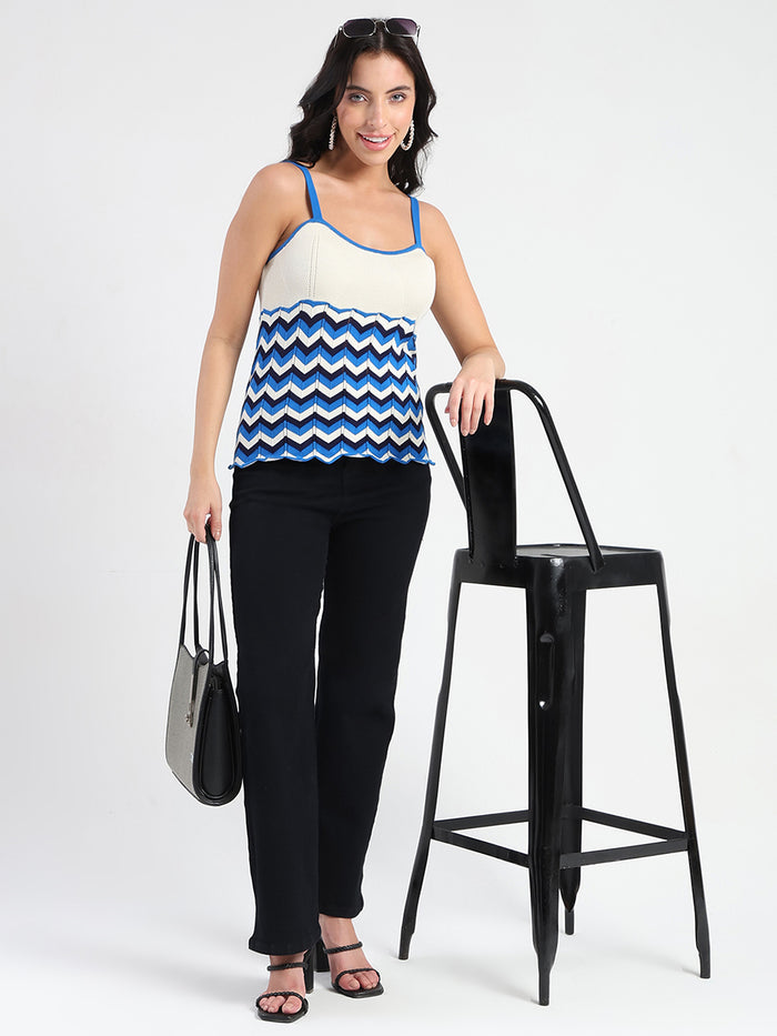 Madame Sleeveless Chevron Pattern Ribbed Trim Knit Top