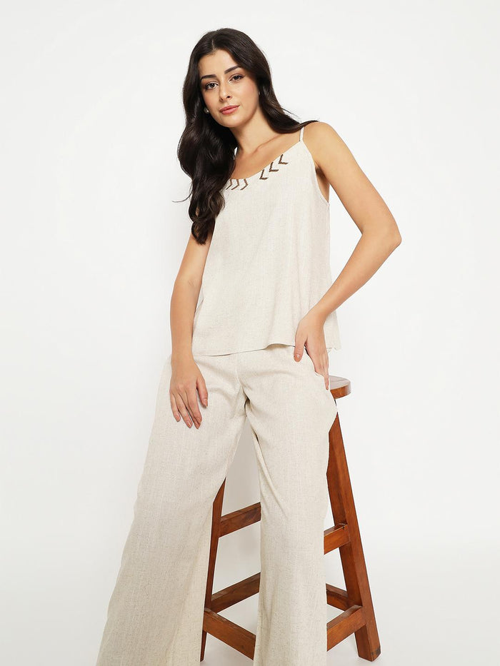 Madame Sleeveless Top and Straight Bottom Beige Co-ord Set