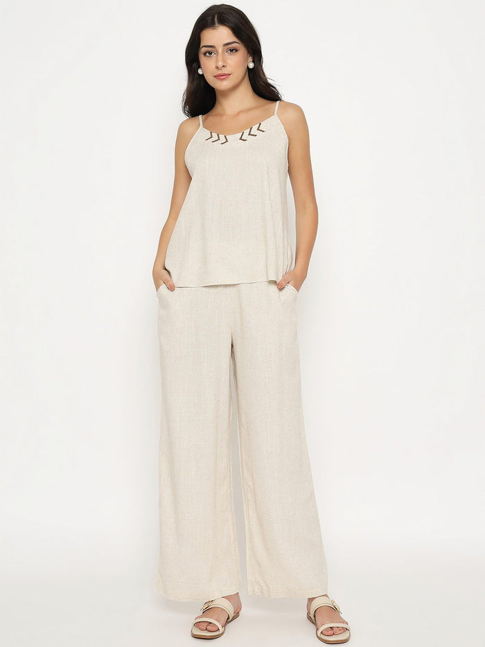Madame Sleeveless Top and Straight Bottom Beige Co-ord Set
