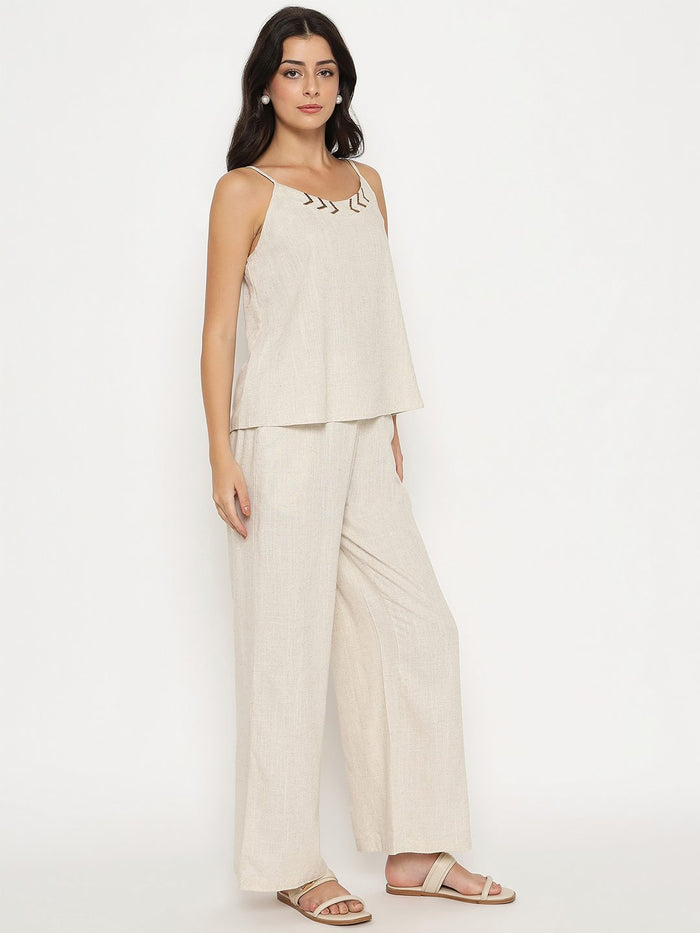 Madame Sleeveless Top and Straight Bottom Beige Co-ord Set