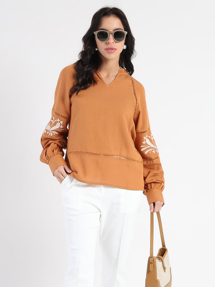 Madame Smocked Lace Detailed Tan Brown Top