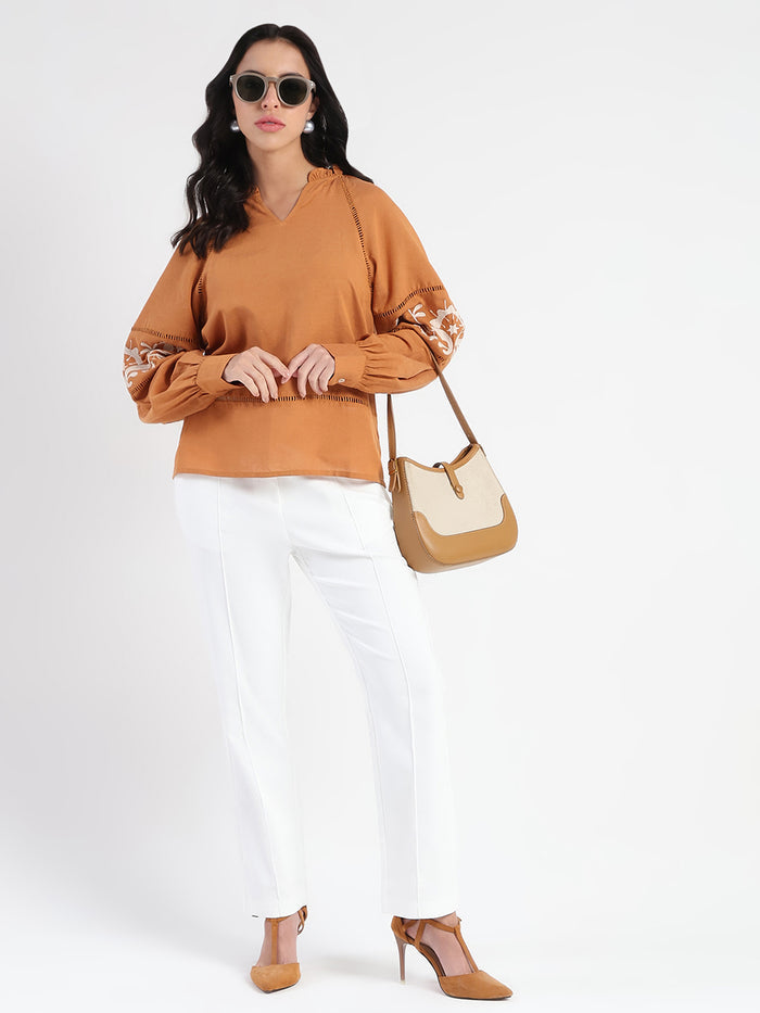 Madame Smocked Lace Detailed Tan Brown Top
